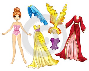 Paper doll with beautiful red oriental dresses