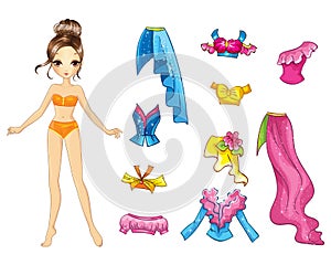 Paper doll with bright summer party outfits