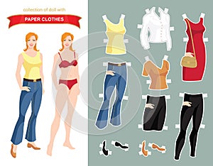 Paper doll with clothes for office and holiday.