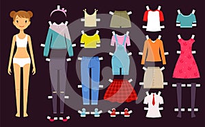 Paper doll. Cute toys female doll with various wardrobe clothes fashion girls vector illustrations