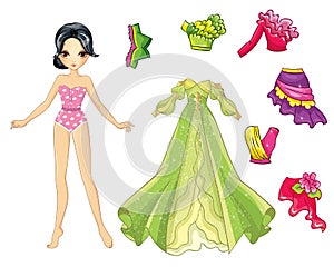 Paper doll with evening puffy green dress