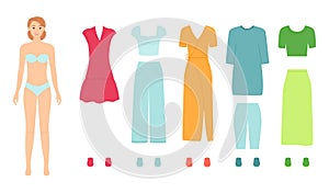 Paper doll with fashion clothes for different events, vector illustration