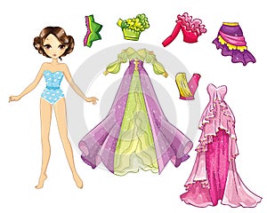 Paper doll with magical dresses and blouses