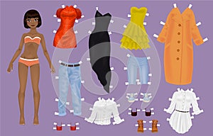 Paper doll of a pretty black girl with clothes