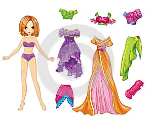 Paper doll with purple and orange dresses