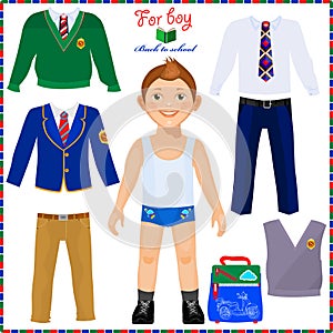 Paper doll with a set of clothes. Cute boy student.