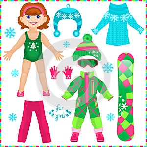 Paper doll with a set of clothes. Cute fashion girl. photo