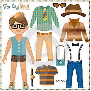 Paper doll with a set of clothes. Cute hipster boy.