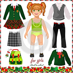 Paper doll with a set of clothes for school