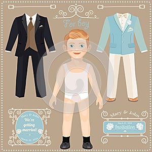 Paper doll with a set of clothes. Wedding dresses for the bride.