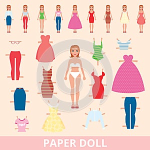 Paper doll and a set of different fashion for cutting