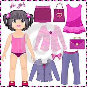 Paper doll with a set of elegant clothes