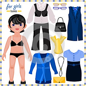 Paper doll with a set of elegant clothes. Business style.