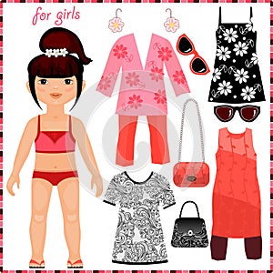 Paper doll with a set of fashion clothes.