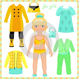 Paper doll with a set of fashion clothes.