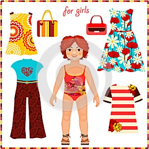 Paper doll with a set of fashion clothes.