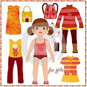 Paper doll with a set of fashion clothes. Cute gir