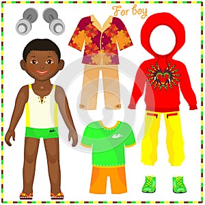 Paper doll with a set of fashionable clothing.