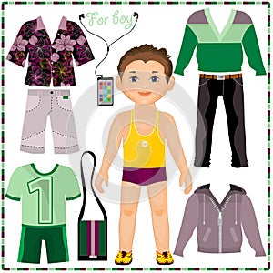 Paper doll with a set of fashionable clothing. Cut