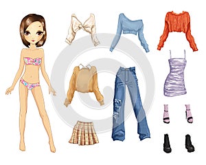 Paper doll with stylish youthful modern clothes