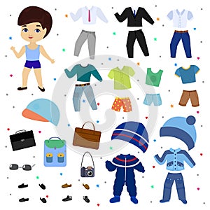 Paper doll vector boy dress up clothing with fashion pants or shoes illustration boyish set of male clothes for cutting