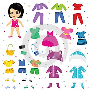 Paper doll vector dress up or clothing beautiful girl with fashion pants dresses or shoes illustration girlie set of