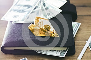 Paper dollar golden plane on a notepad with money. Business growth concept.