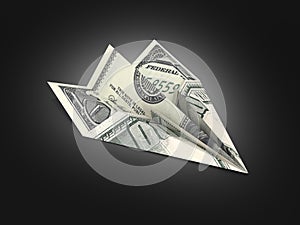 Paper dollar plane on black gradient background 3d