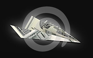 Paper dollar plane on black gradient background 3d