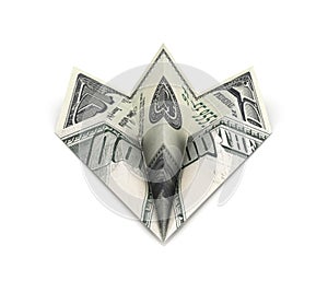 Paper dollar plane isolated on white background 3d