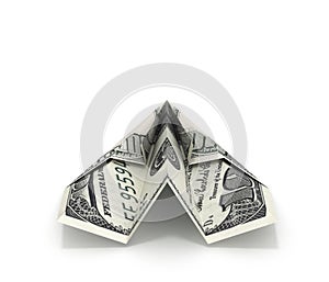 Paper dollar plane isolated on white background 3d