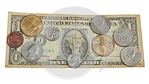 Paper dollar with US coins