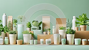 Paper eco-friendly disposable recycling tableware and cardboard delivery boxes and green plants in pots on the light green