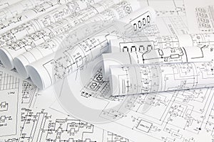 Paper electrical engineering drawings close up