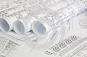 Paper electrical engineering drawings close up