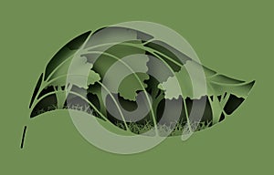 Paper elegant leaf hole with trees and grass layer cut abstract background. Ecology and environment conservation concept. Paper