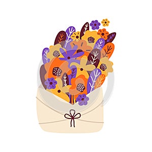 Paper envelope with flower bouquet. Congratulations on Womens Day, March 8, Mothers Day. Open letter with a message from