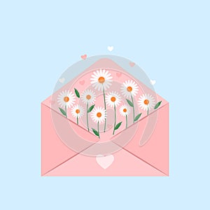 Paper envelope with love letter and flowers. concept of Mother`s Day, Valentine`s Day
