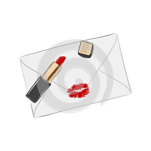 Paper envelope with red lips stamp on it. Romantic Valentines illustration. Red lipstick cosmetic illustration with love letter