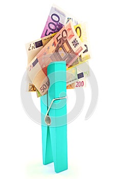 Paper euro money with blue clothes peg