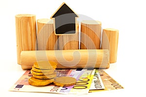 Paper euro money, wooden logs and gold coins
