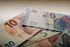 Paper euro notes. Five, twenty and ten euros.