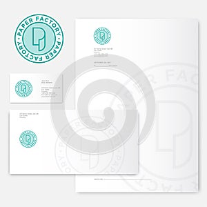 Paper factory logo. P monogram. Roll of paper logo and identity. Envelope, letterhead, letter, and business cards.