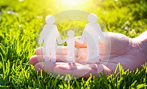 Paper family in hand on green grass background