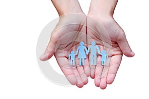 Paper family in hands isolated on white background welfare concept