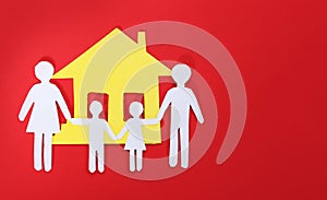 Paper Family and House over red background. Concept.