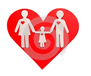 Paper Family in Red Heart isolated on white. Love and Family
