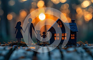 Paper family is standing near house at sunset.