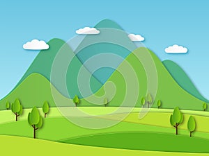 Paper field landscape. Summer landscape with green hills and blue sky, white clouds. Layered papercut creative vector 3d photo