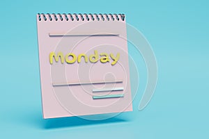 a paper flip calendar with Monday written on a blue background. 3D render